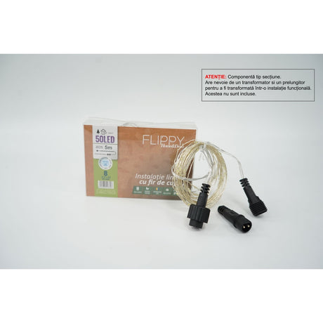Instalație Crăciun liniară cu fir cupru, 50 LED-uri alb rece, 5 metri, vedere frontală cu jocuri de lumini active