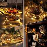 Instalatie Luminoasa, Flippy, cu Fir de Cupru, 3 m, 60 LED-uri, Model Sfoara de Canepa, cu Baterii, 8 Jocuri de Lumini, IP44, Alb Cald - vivimall.ro