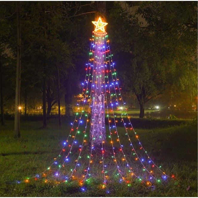 Karácsonyfa függöny fényinstalláció, Világító csillaggal, 350 LED, Hálózati csatlakozás, Beltéri/Kültéri, A lámpa, Fa káprázat