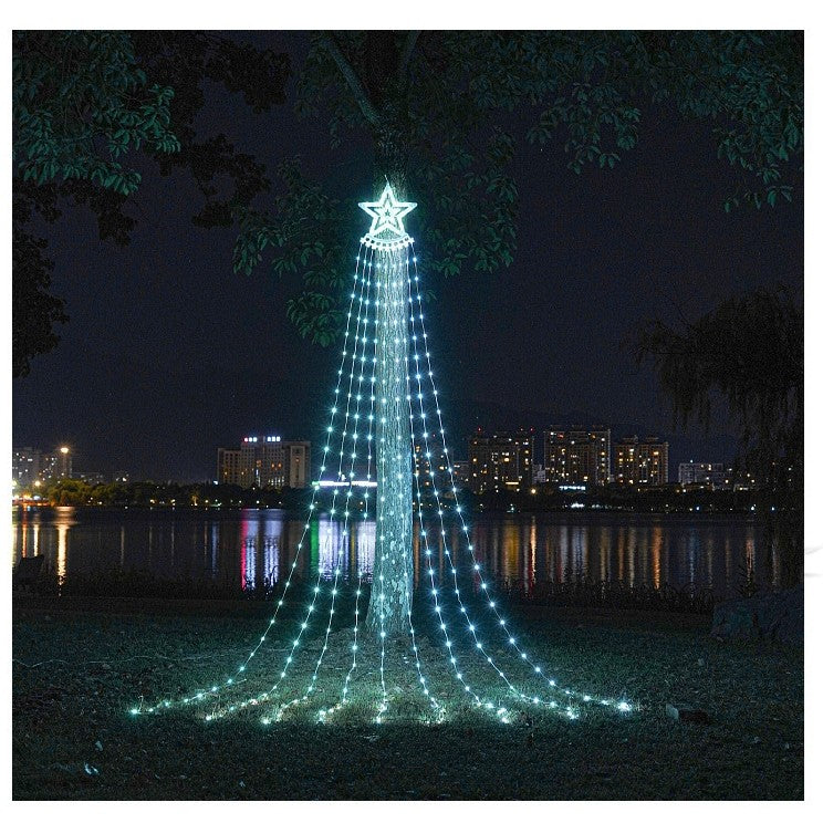 Instalatie Luminoasa Tip Perdea pentru Pomul de Craciun, cu Stea Luminoasa, 350 LED-uri, incarcare solara, pentru exterior, lumina rece, Tree Dazzler - vivimall.ro