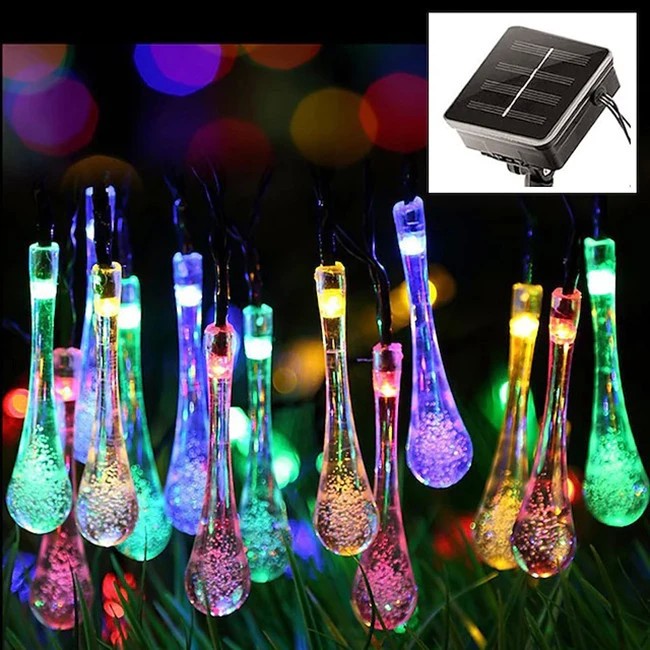Instalatie Solara 6 m, 28 Led-uri cu Ornament tip picatura de apa, Liniara, Fir negru, Multicolor - vivimall.ro