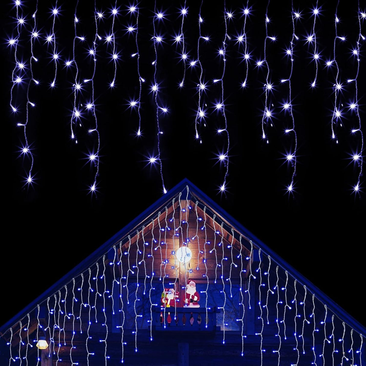 Perdea franjurată albastră cu LED-uri solare, franjuri 30-70 cm, detaliu structură
