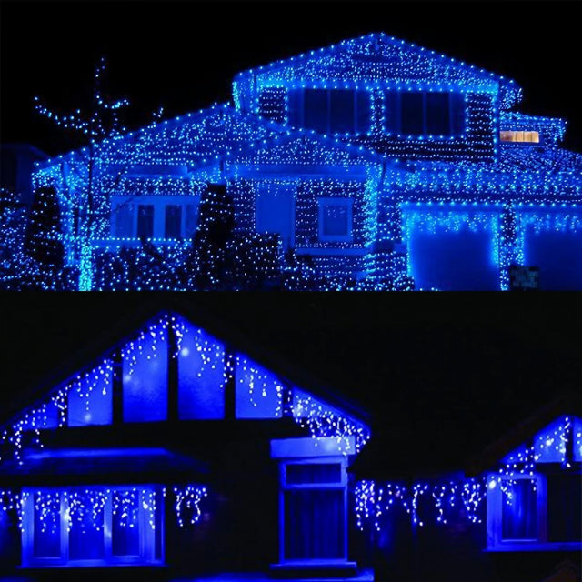 Instalație solară Crăciun turturi 143 LED albastru 5 m, vedere frontală completă, fir transparent IP44