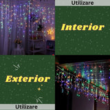 Instalatie Solara Craciun Turturi, IP44, 5 m, 143 Led-uri, Perdea Franjurata, RB-RG, 8 jocuri de lumini, cu Telecomanda, 31V, 250 mAh, Acumulator de 1200 mAh, Exterior, Prelungitor 3 m inclus, Fir Transparent, Vivimall - vivimall.ro