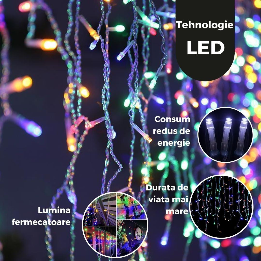 Instalatie Solara Craciun Turturi, IP44, 5 m, 143 Led-uri, Perdea Franjurata, RB-RG, 8 jocuri de lumini, cu Telecomanda, 31V, 250 mAh, Acumulator de 1200 mAh, Exterior, Prelungitor 3 m inclus, Fir Transparent, Vivimall - vivimall.ro