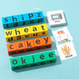 Joc cu Blocuri din Lemn, Vivimall, Formare Cuvinte, Cartonase cu Obiecte si Animale, Clopotel, Joc pentru 4 Persoane, 3 Ani+, 28x15.5x5 cm, Multicolor - vivimall.ro