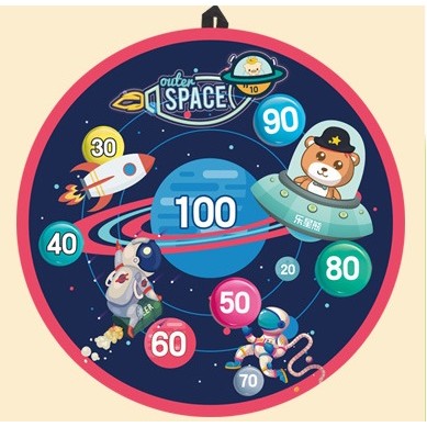 Joc Darts Vivimall pentru Copii, Placa Pliabila 36.5 cm, 8 Mingii Velcro/Scai Simple, 2 Mingii Luminoase, Model Spatiu, Albastru - vivimall.ro