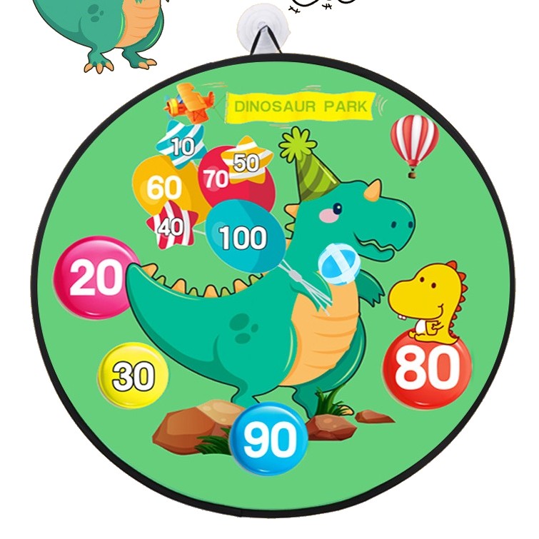 Joc Darts Vivimall pentru Copii, Placa Pliabila 70 cm, 8 Mingii Velcro/Scai Simple, 2 Mingii Luminoase, Model Dinozaur Park, Verde - vivimall.ro