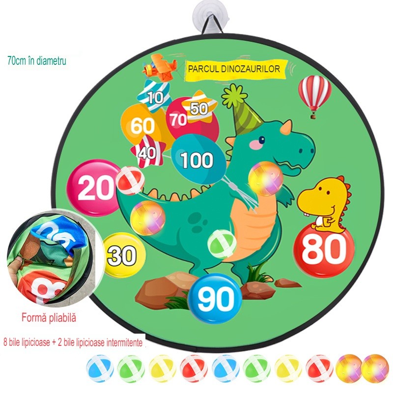 Joc Darts Vivimall pentru Copii, Placa Pliabila 70 cm, 8 Mingii Velcro/Scai Simple, 2 Mingii Luminoase, Model Dinozaur Park, Verde - vivimall.ro
