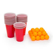 Set Beer Pong complet cu 24 pahare roșii din plastic și 24 mingi, vedere frontală