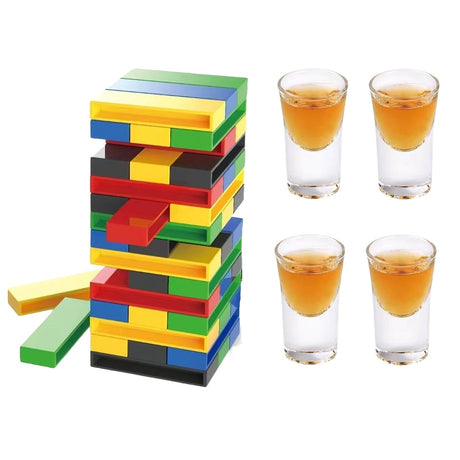Joc de Baut Vivimall, Turn Jenga din Plastic, cu 4 Pahare de Shot, +18 Ani, Multicolor - vivimall.ro