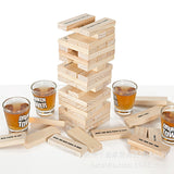 Joc de Baut Jenga Vivimall, Turnul Betivului din Lemn, Piese cu Provocari, Pahare de Shot din Sticla Incluse, 19 x 7 x 20 cm - vivimall.ro