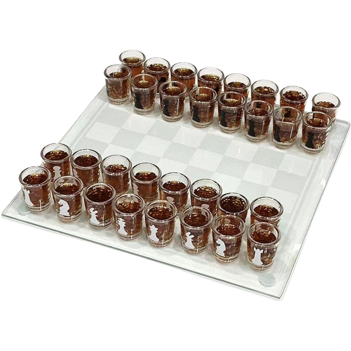 Joc de sah Vivimall din sticla cu pahare pentru shoturi, 35x35 cm, transparent - vivimall.ro
