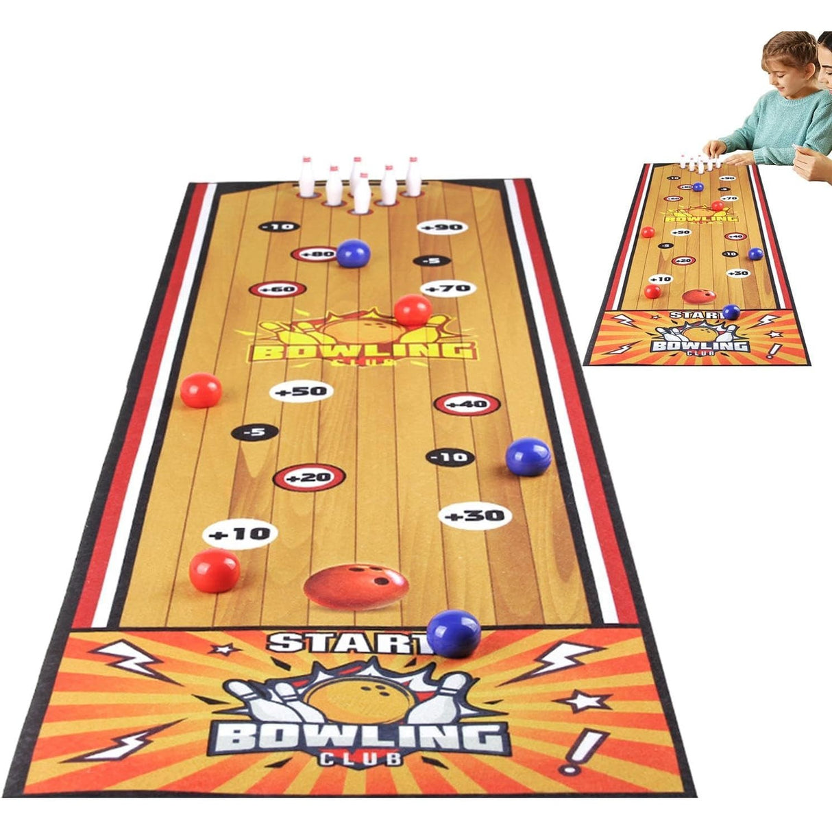 Joc Interactiv, Vivimall, Covor de Bowling 90 x 20 cm, 1-4 Jucatori, +5 Ani, 6 Mingi Incluse, 6 Popice, Galben - vivimall.ro