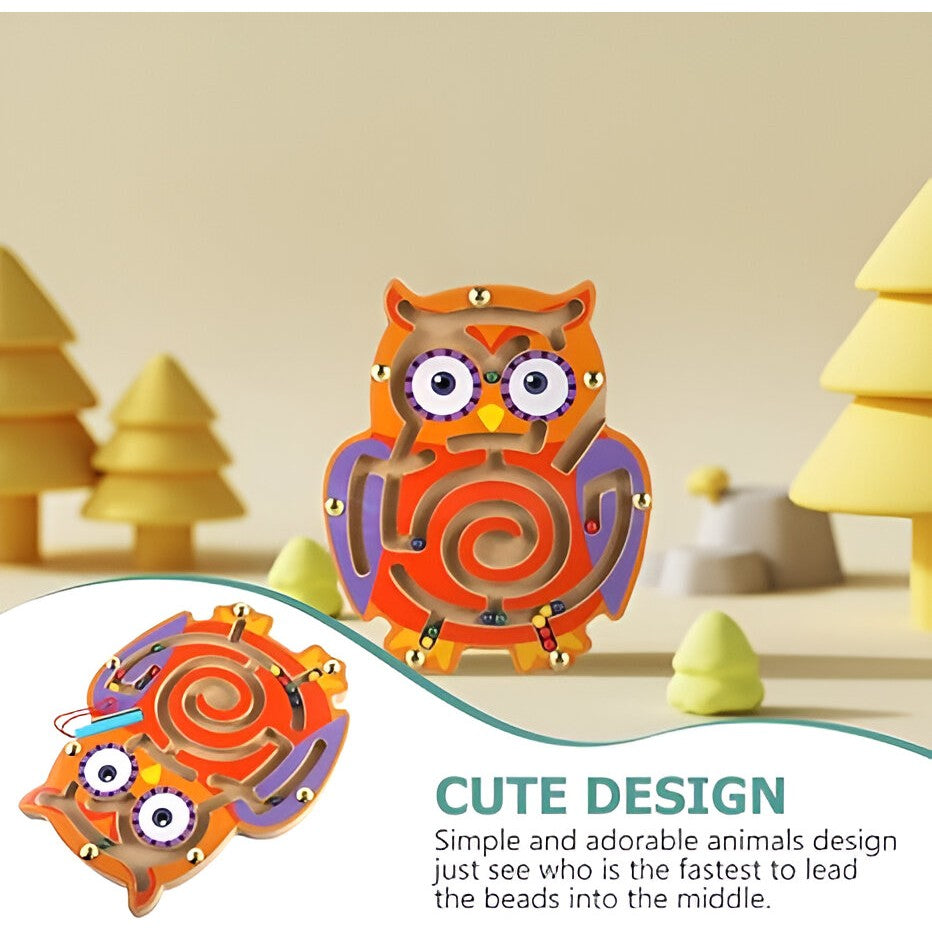 Joc Montessori cu Bile, Vivimall, Creion Magnetic, Tip Labirint, din Lemn, Model Bufnita, 18.5x17.5 cm, Portocaliu-Mov - vivimall.ro