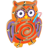 Joc Montessori cu Bile, Vivimall, Creion Magnetic, Tip Labirint, din Lemn, Model Bufnita, 18.5x17.5 cm, Portocaliu-Mov - vivimall.ro