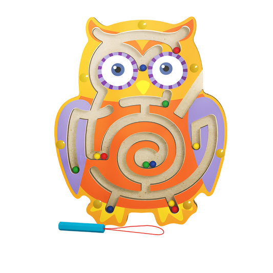 Joc Montessori cu Bile, Vivimall, Creion Magnetic, Tip Labirint, din Lemn, Model Bufnita, 18.5x17.5 cm, Portocaliu-Mov - vivimall.ro