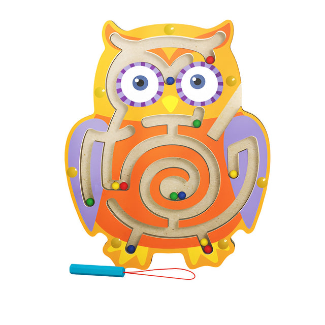 Joc Montessori cu Bile, Vivimall, Creion Magnetic, Tip Labirint, din Lemn, Model Bufnita, 18.5x17.5 cm, Portocaliu-Mov - vivimall.ro