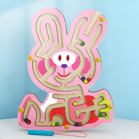Joc Montessori cu Bile, Vivimall, Creion Magnetic, Tip Labirint, din Lemn, Model Iepuras, 19.5x15.5 cm, Roz - vivimall.ro