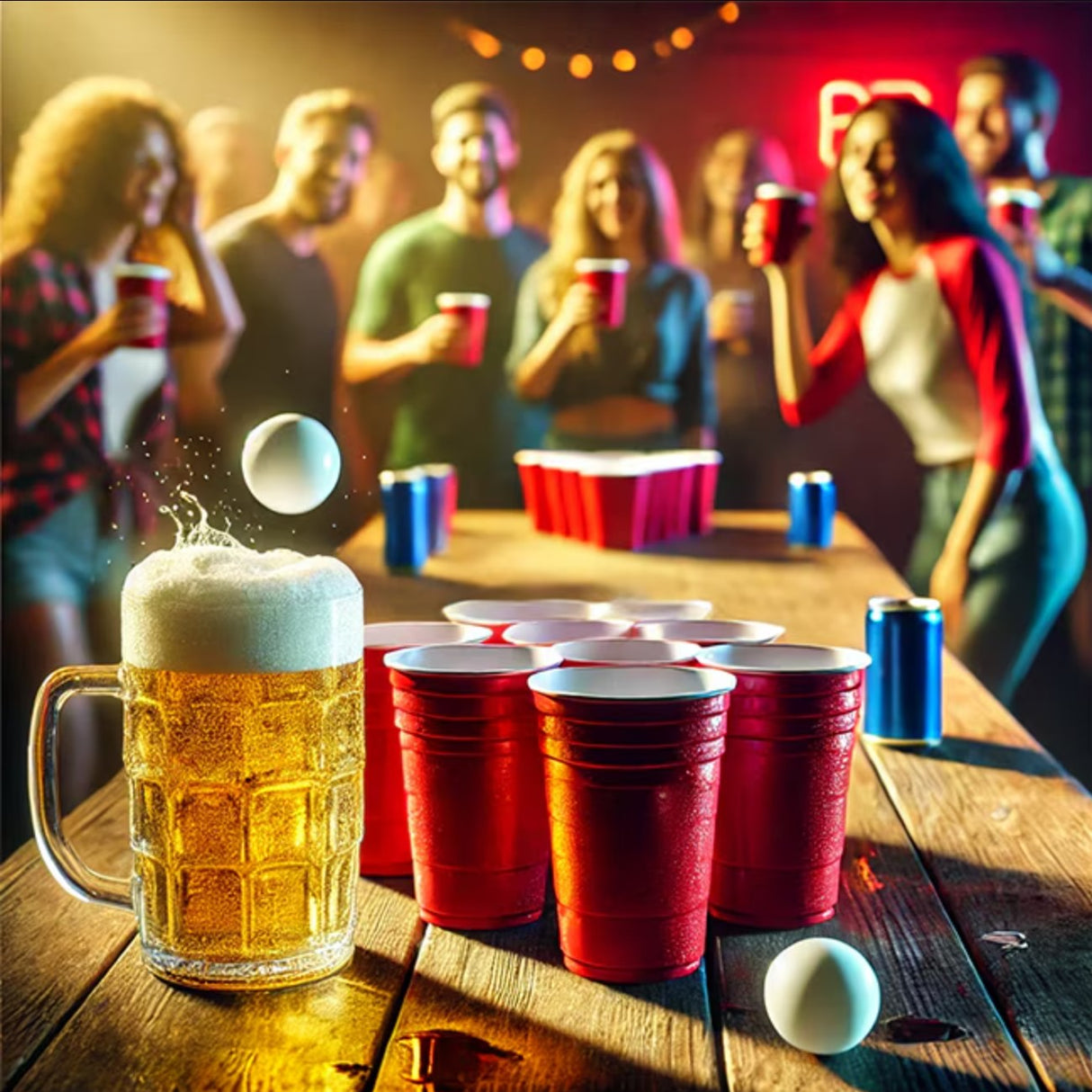 Joc de Baut BEER PONG, Flippy, Set din 12 Mingi de Tenis si 12 Pahare Reutilizabile, Joc Interactiv pentu Adulti, Albastru Rosu - vivimall.ro