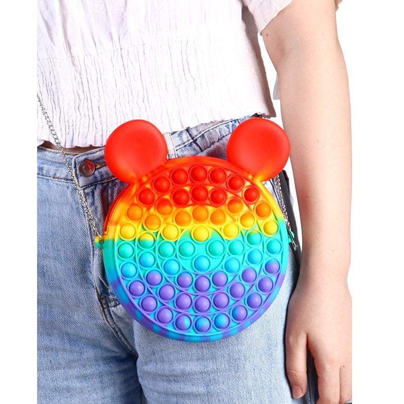 Jucarie antistres din silicon Flippy, Geanta Pop It, Soricel, 16 cm, Curcubeu - vivimall.ro