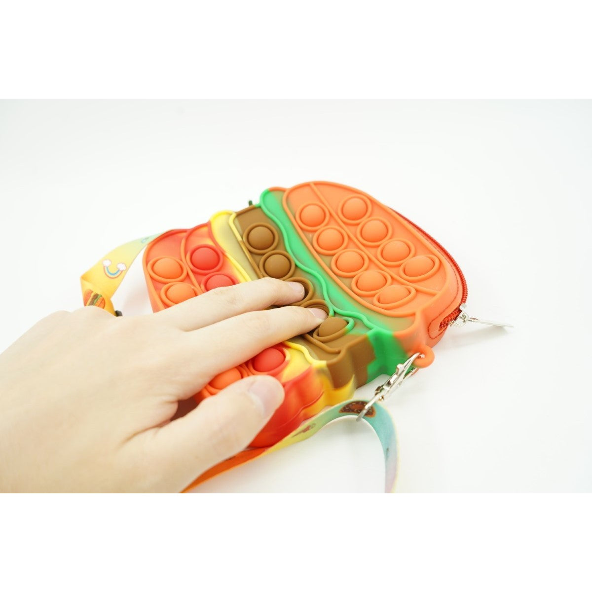 Jucarie antistres din silicon, Flippy, Pop It Now and Flip It, Geanta de umar, Hamburger, Portocaliu - vivimall.ro