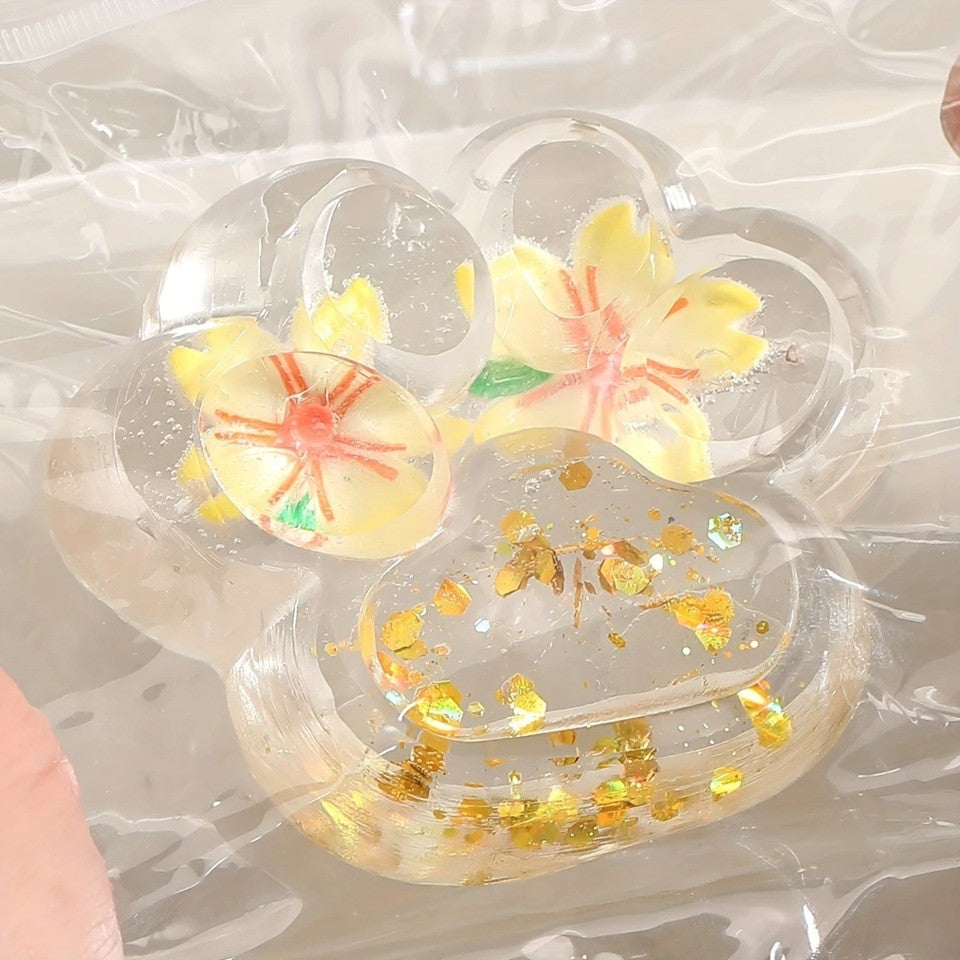 Jucarie Antistres Squishy, Flippy, Labuta de Pisica Pufoasa, cu Revenire Lenta, 7 x 6.5 cm, Model Flori 2, Transparent - vivimall.ro
