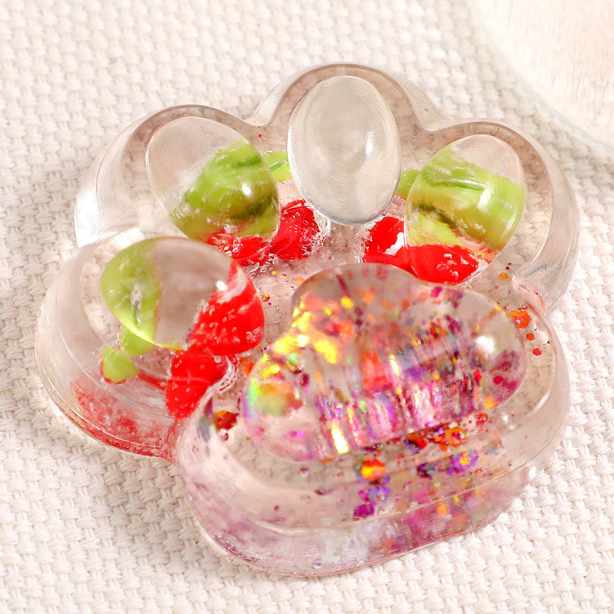 Jucarie Antistres Squishy, Vivimall, cu Revenire Lenta, Squeeze Pinch Family, Model Cat Paw, 6.5 x 7 cm, din Tpr, 4-6 Ani, Model 5 Fructe, Transparent - vivimall.ro