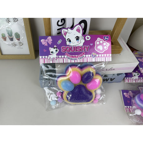 Jucarie Antistres Squishy, Vivimall, cu Revenire Lenta, Model Labuta de Pisica Pufoasa, 12.5x10.5 cm, 220g, Squeeze Pinch Family, Ambalaj Transparent, Mov-Multicolor - vivimall.ro