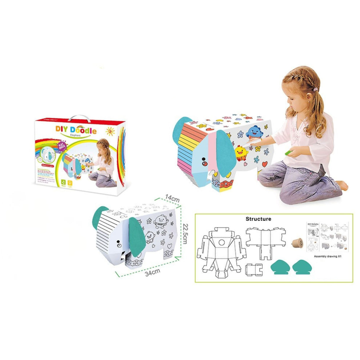 Cutia setului puzzle 3D elefant Flippy, dimensiuni 34x4,5x25 cm, conținut pachet