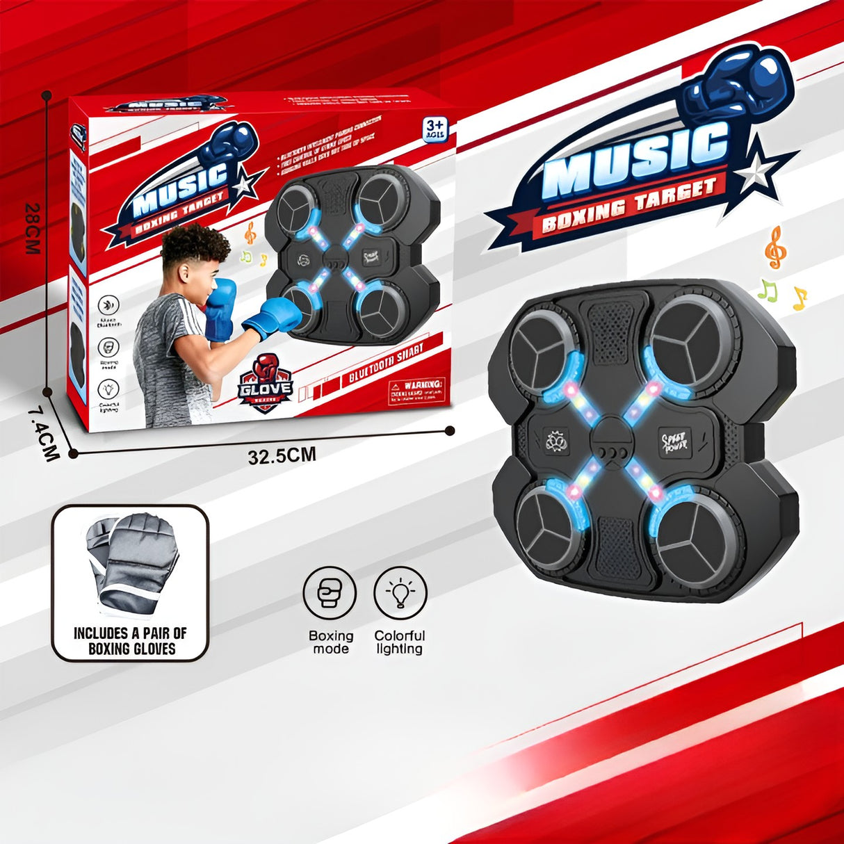 Jucarie de Boxat cu Muzica si Lumini, Vivimall, Manusi Incluse, 32.5x28x7.4 cm, 930 g, Negru - vivimall.ro