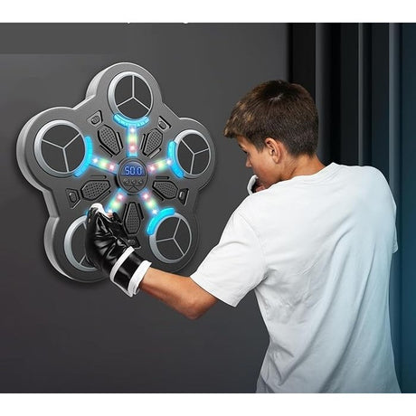 Jucarie de Boxat cu Muzica si Lumini, Vivimall, Manusi Incluse, Bluetooth, Incarcare USB, Aplicare cu Ventuze, 5 Tinte, 33x33x4.5 cm, 930 g, Negru - vivimall.ro