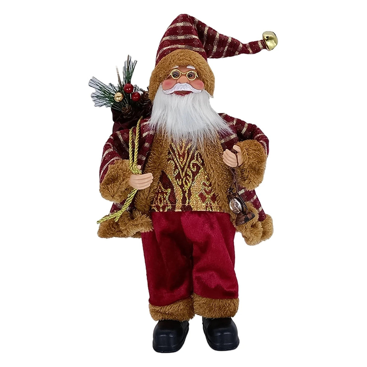 Karácsonyi díszfigura, Mikulás ül zsákkal és lámpással, műanyag+textil, beltéri/kültéri, piros/