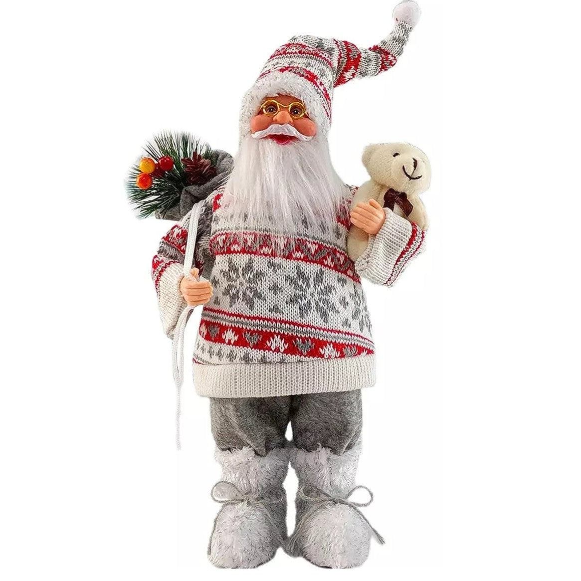 Figurina Decorativa Craciun, Mos Craciun Cu Flori Si Urs, Material Plastic+Textil, Interior/Exterior, Rosu/
