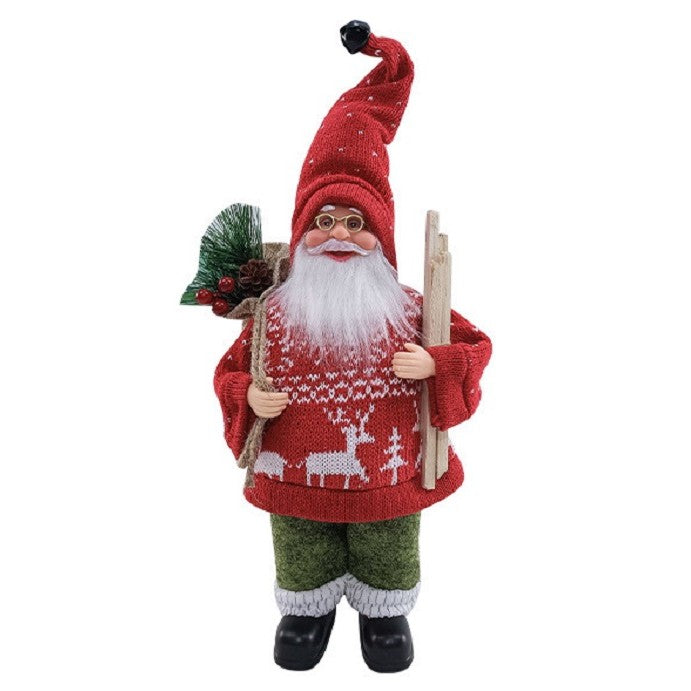 Karácsonyi díszfigura, Mikulás fával a karján, műanyag+textil anyag, beltéri/kültéri, piros/