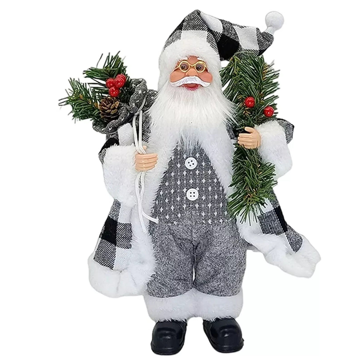 Karácsonyi díszfigura, Mikulás fenyőággal, Műanyag+Textil, Beltéri/Kültéri, Fehér/