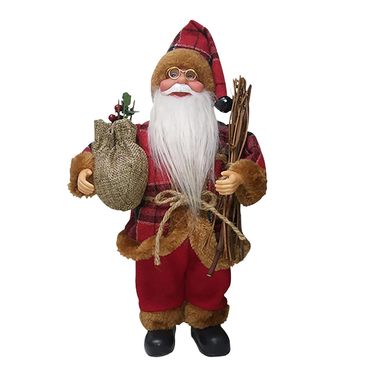 Karácsonyi díszfigura, Mikulás ül szánkóval a karján, műanyag+textil anyag, beltéri/kültéri, piros/