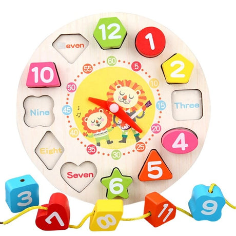 Jucarie Educativa Vivimall, Tip Montessori, Model Ceas Leu, din Lemn, + 36 Luni, 12 Piese, 17 cm, Multicolor - vivimall.ro