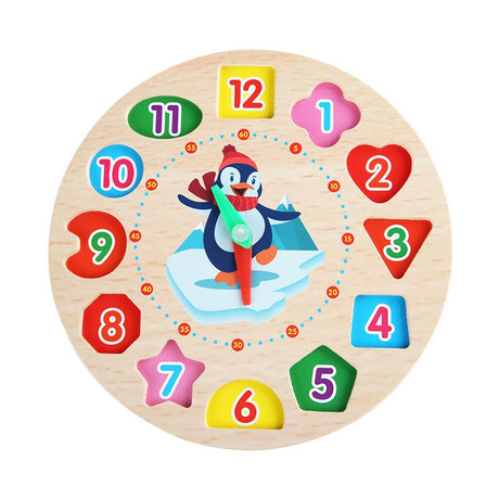 Jucarie Educativa Vivimall, Tip Montessori, Model Ceas Pinguin, din Lemn, + 36 Luni, 12 Piese, 17.2 cm, Multicolor - vivimall.ro