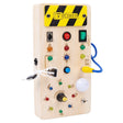 Busy Board Montessori Flippy din lemn natural cu 36 comutatoare și lumini LED, vedere frontală