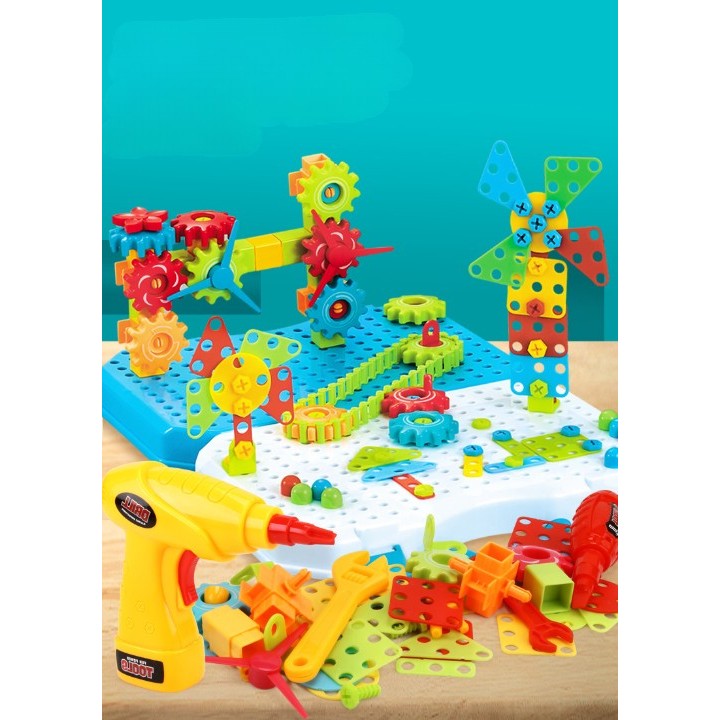 Jucarie Educativa Si Interactiva, Vivimall, Set De Constructie Puzzle Din ABS Cu Bormasina Pentru Dezvoltatea Creativitatii Si A Indemanarii 2D si 3D, Valiza, +3, 31x7x25 cm, 336 Piese - vivimall.ro
