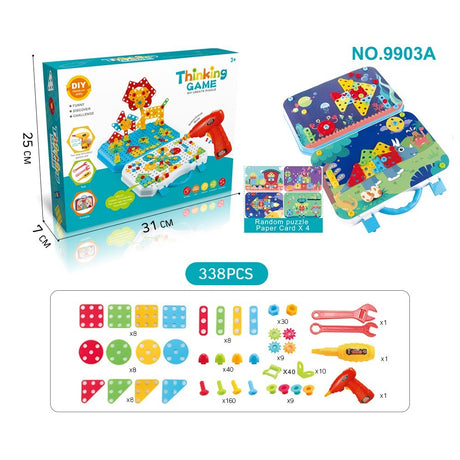 Jucarie Educativa Si Interactiva, Vivimall, Set De Constructie Puzzle Din ABS Cu Bormasina Pentru Dezvoltatea Creativitatii Si A Indemanarii 2D si 3D, Valiza, +3, 31x7x25 cm, 338 Piese - vivimall.ro