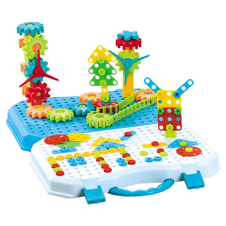 Jucarie Educativa Si Interactiva, Vivimall, Set De Constructie Puzzle Din ABS Cu Bormasina Pentru Dezvoltatea Creativitatii Si A Indemanarii 2D si 3D, Valiza, +3, 31x7x25 cm, 338 Piese - vivimall.ro