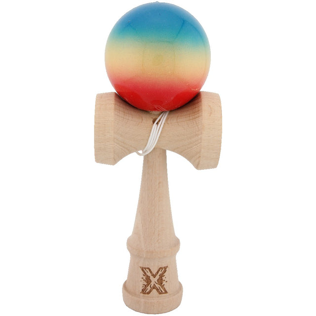 Kendama X Originala, Profesionala, Super Sticky, din Lemn, 18 cm, Rosu/ Galben/ Albastru - vivimall.ro