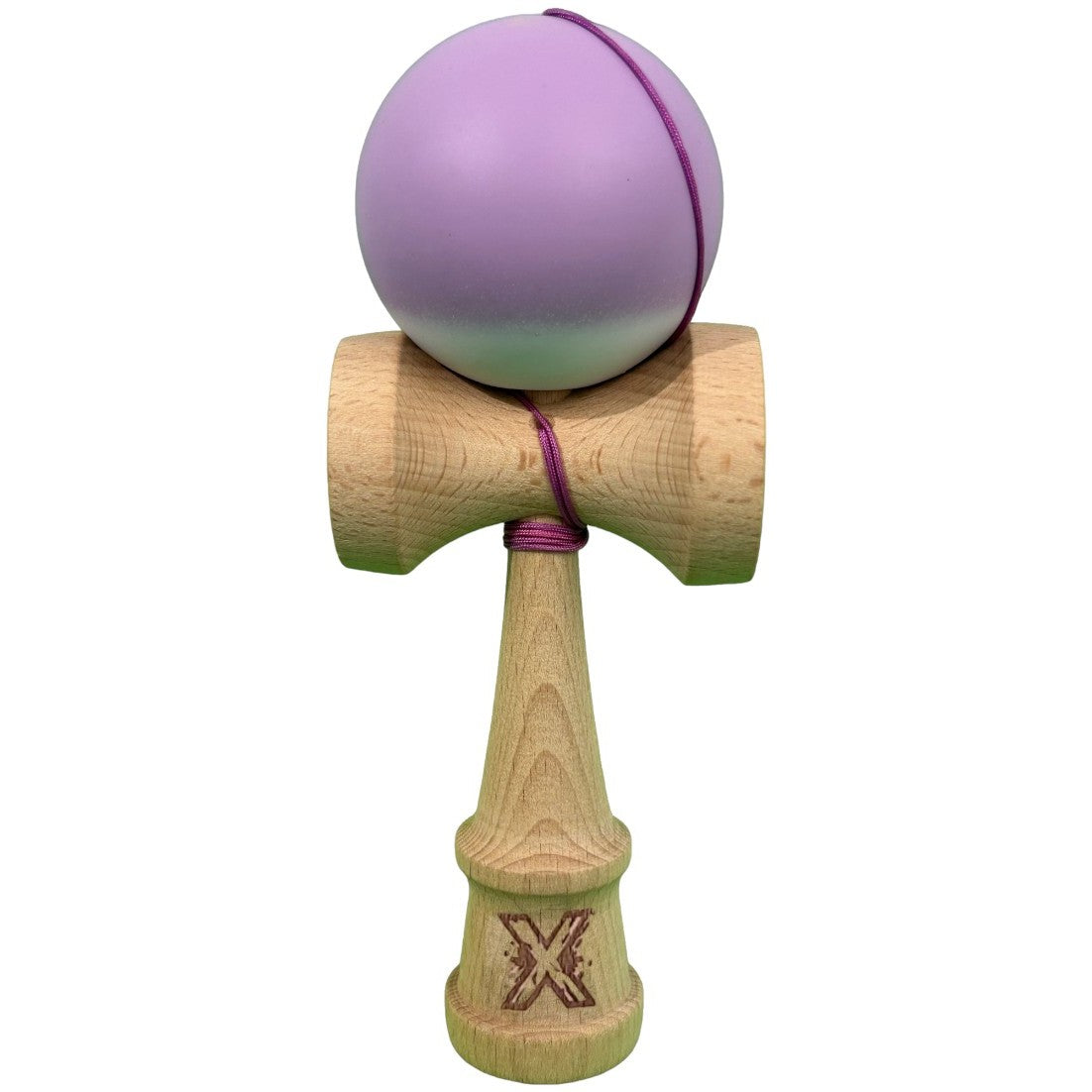 Jucarie Interactiva Kendama Profesionala, Vivimall, din Lemn cu Bila Cauciucata, 18 x 6 x 7 cm, Joc de Indemanare pentru Copii si Adulti, Gradient Mov Alb - vivimall.ro