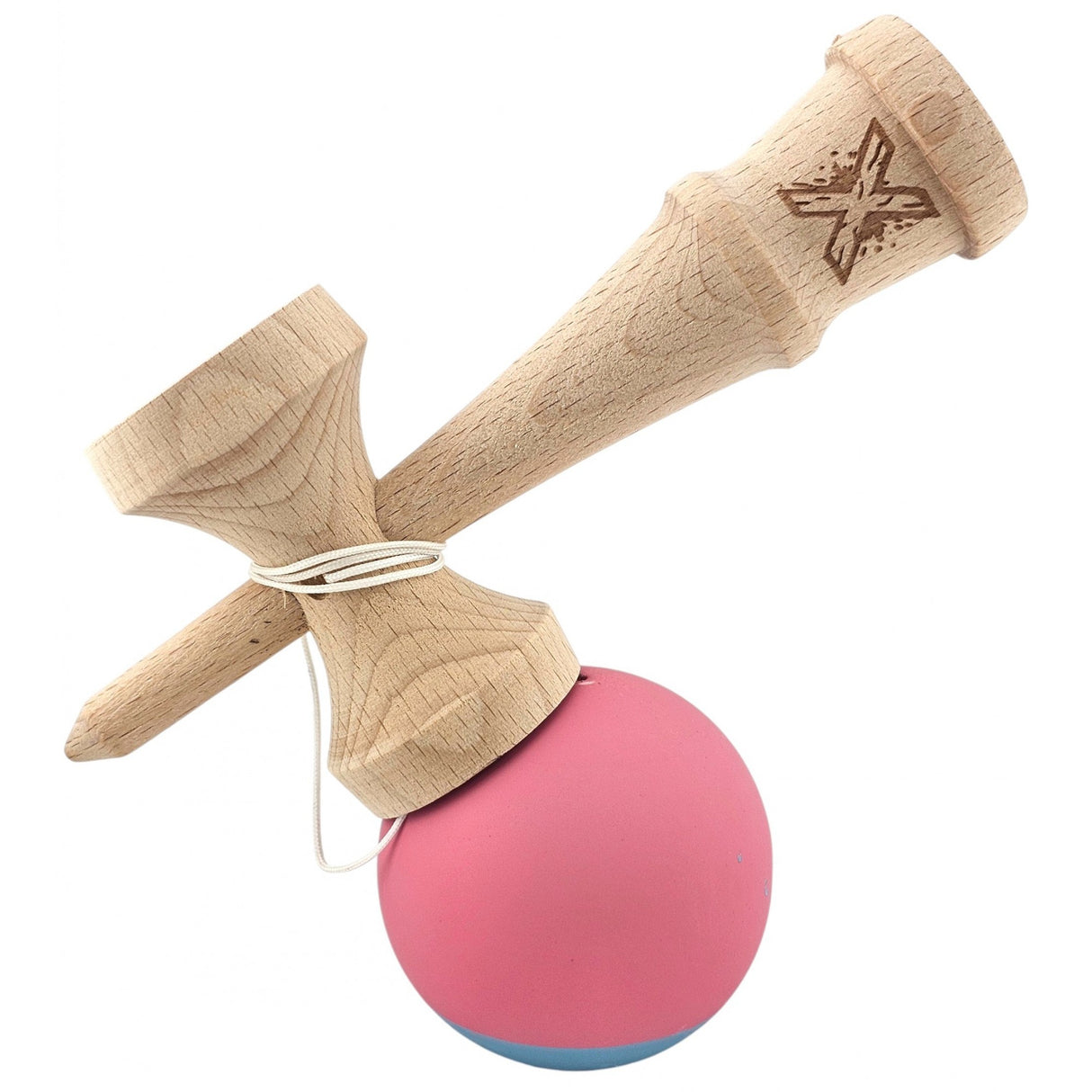 Kendama X Originala, Profesionala, Vivimall, din Lemn, 18 cm, Rubber Grip, Roz/Gri - vivimall.ro