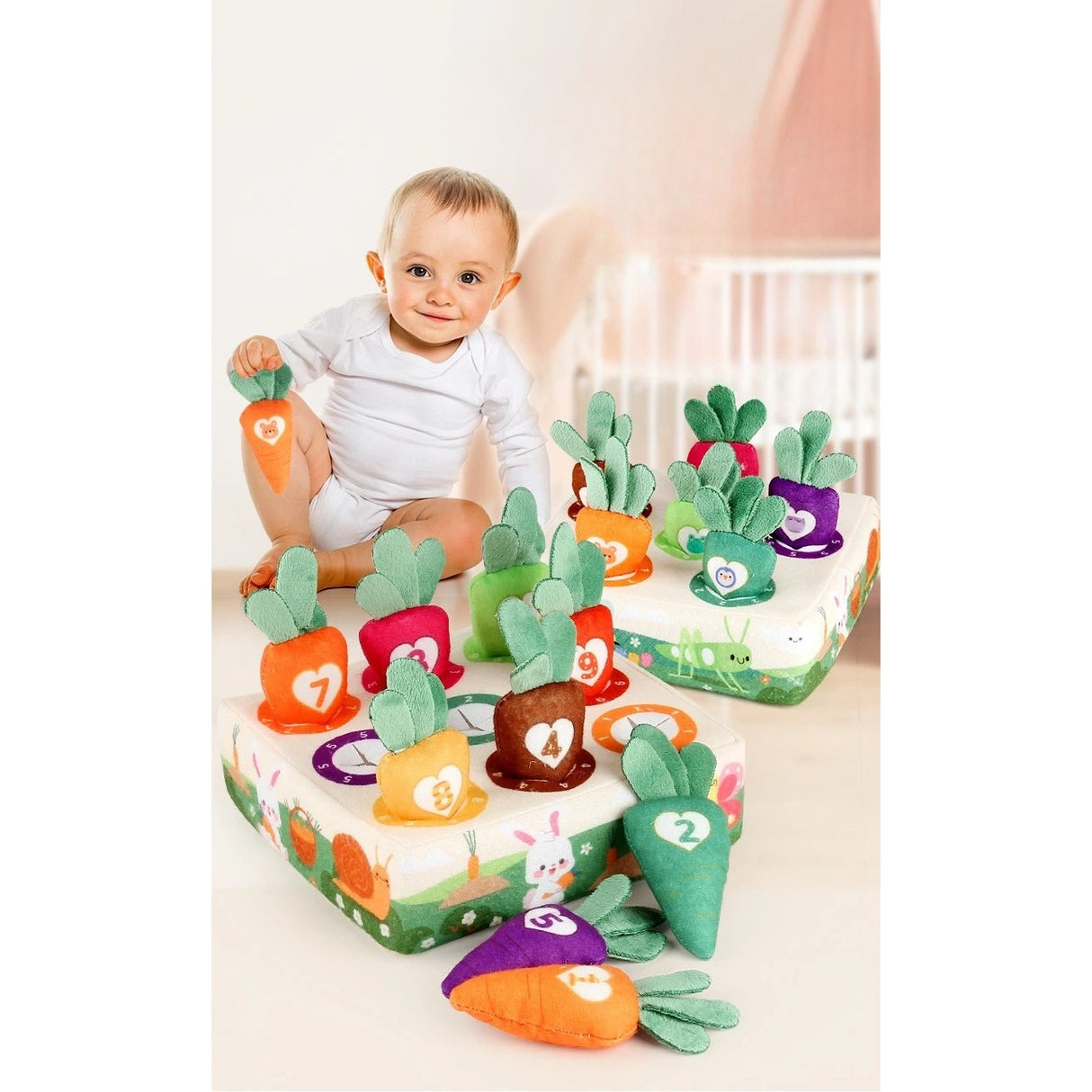 Jucarie Interactiva Montessori, pentru Copii, de Sortat pe Culori, Vivimall, 9 Morcovi si Suport, Multicolor - vivimall.ro