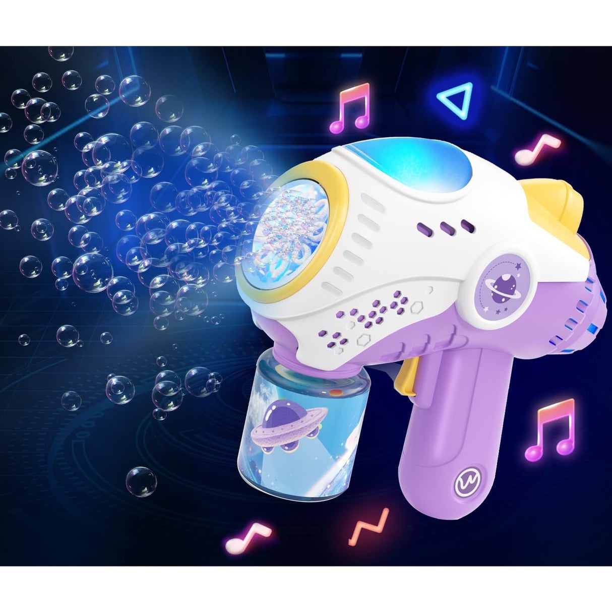 Jucarie Interactiva pentru Baloane de Sapun, Vivimall, Sunete si Lumini, Model Pistol, cu 8 Orificii, 19 x 8.8 x 16.3 cm, Mov - vivimall.ro