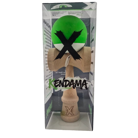 Jucarie Kendama X Originala, Profesionala, Vivimall, din Lemn, Rubber Grip, 18 cm, Verde/Alb - vivimall.ro