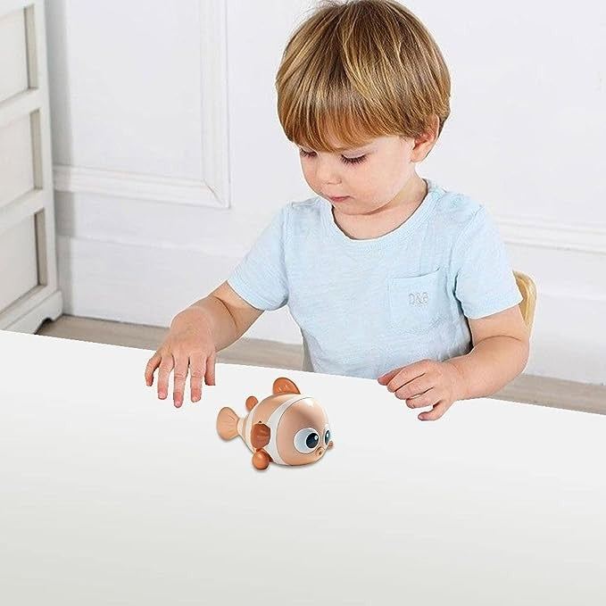 Jucarie mecanica pentru copii Vivimall, pestisor haios, cu cheita, distractiv, se taraste, se misca, 11 x 9 x 7.5 cm cm, portocaliu - vivimall.ro